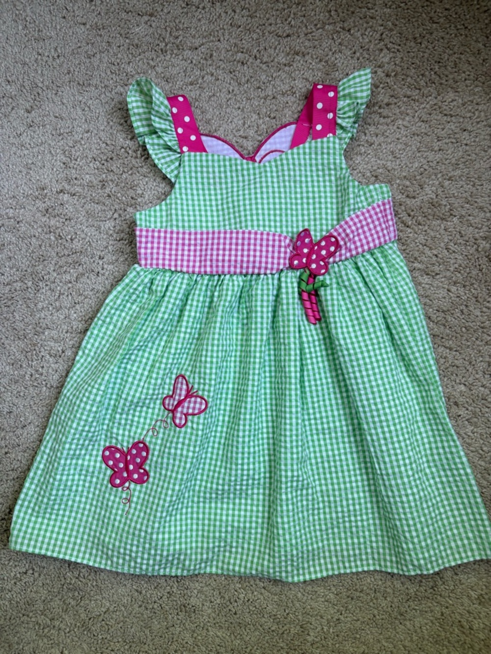 Girls Green Gingham Butterfly Sundress with Pink Accents